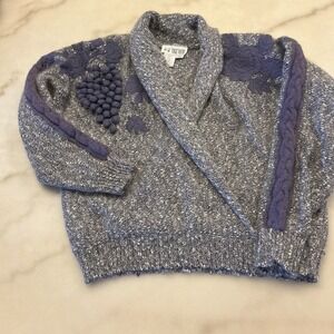 Vtg Together! Sweater Faux Wrap Batwing Shoulder Pads Grape Rose Embroidery Sz L